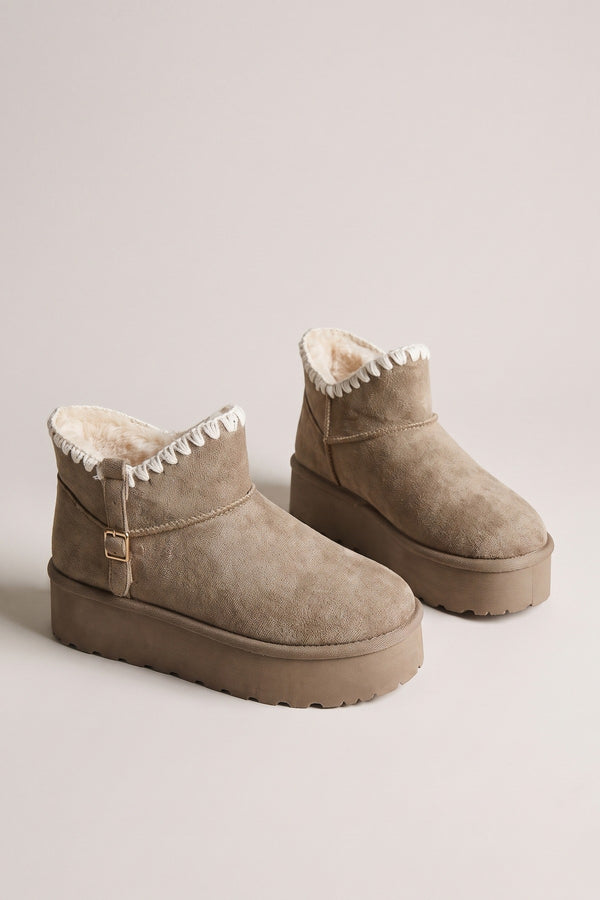 Debra Fur-lined Platform Ankle Boots - Khaki