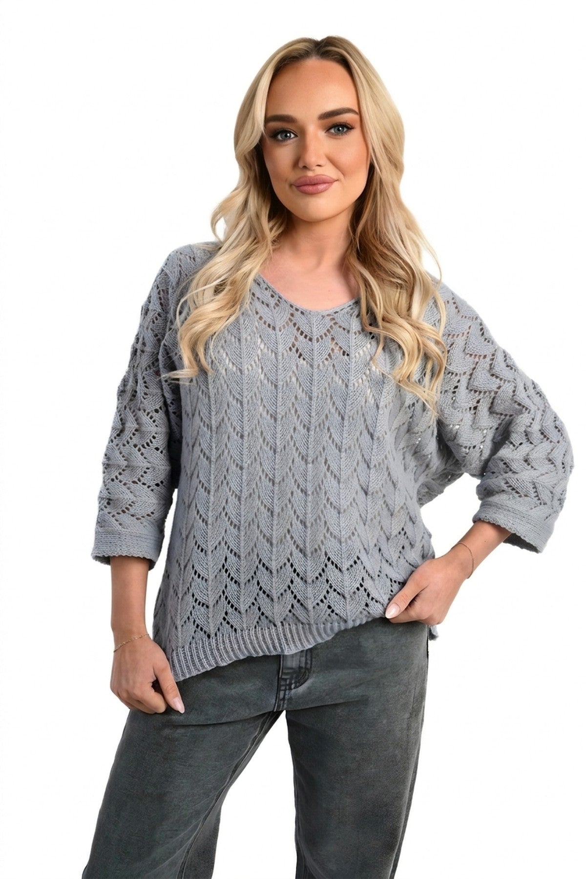 Eliza Half Sleeve Chunky Cable Knit Jumper - Grey