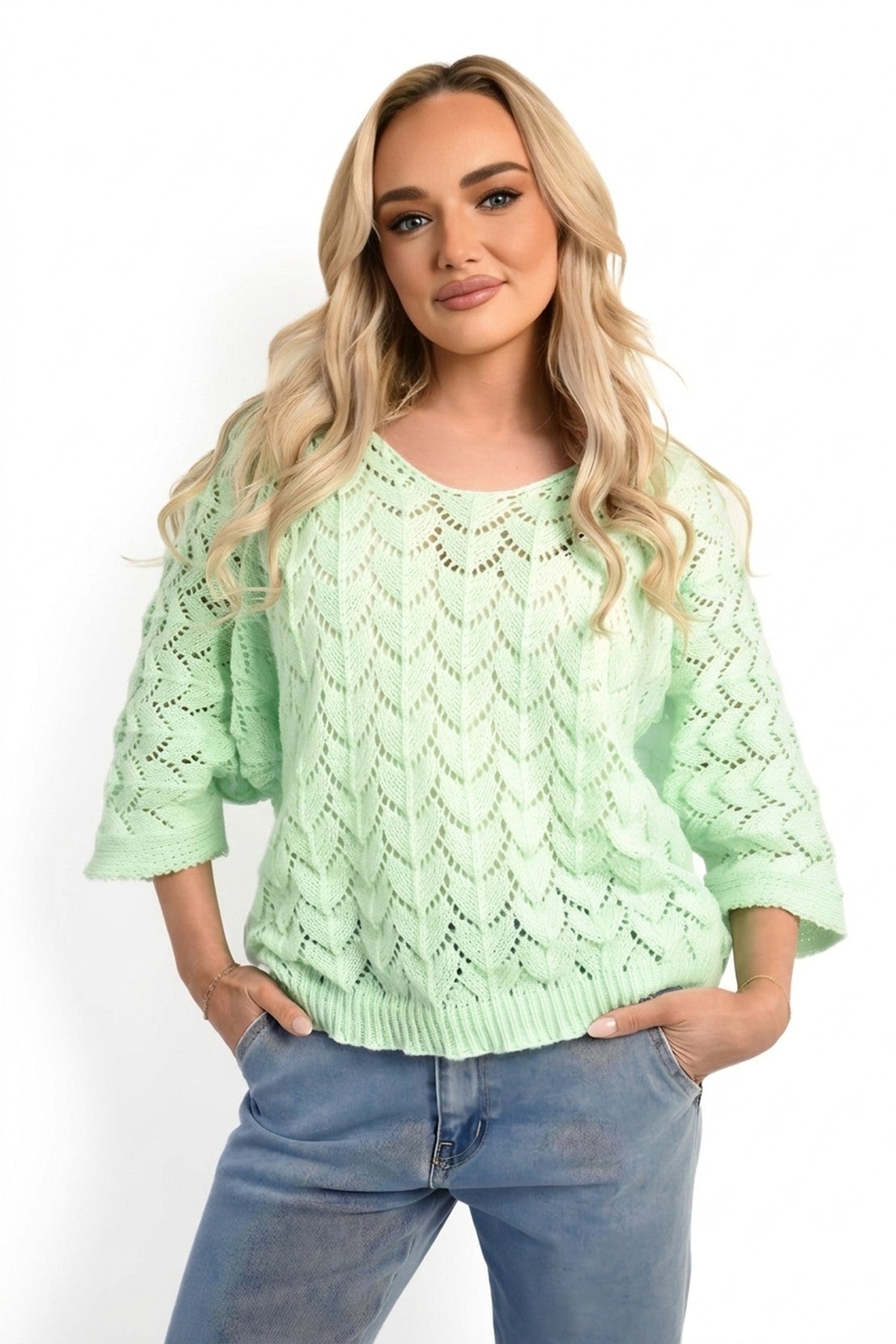 Eliza Half Sleeve Chunky Cable Knit Jumper - Mint