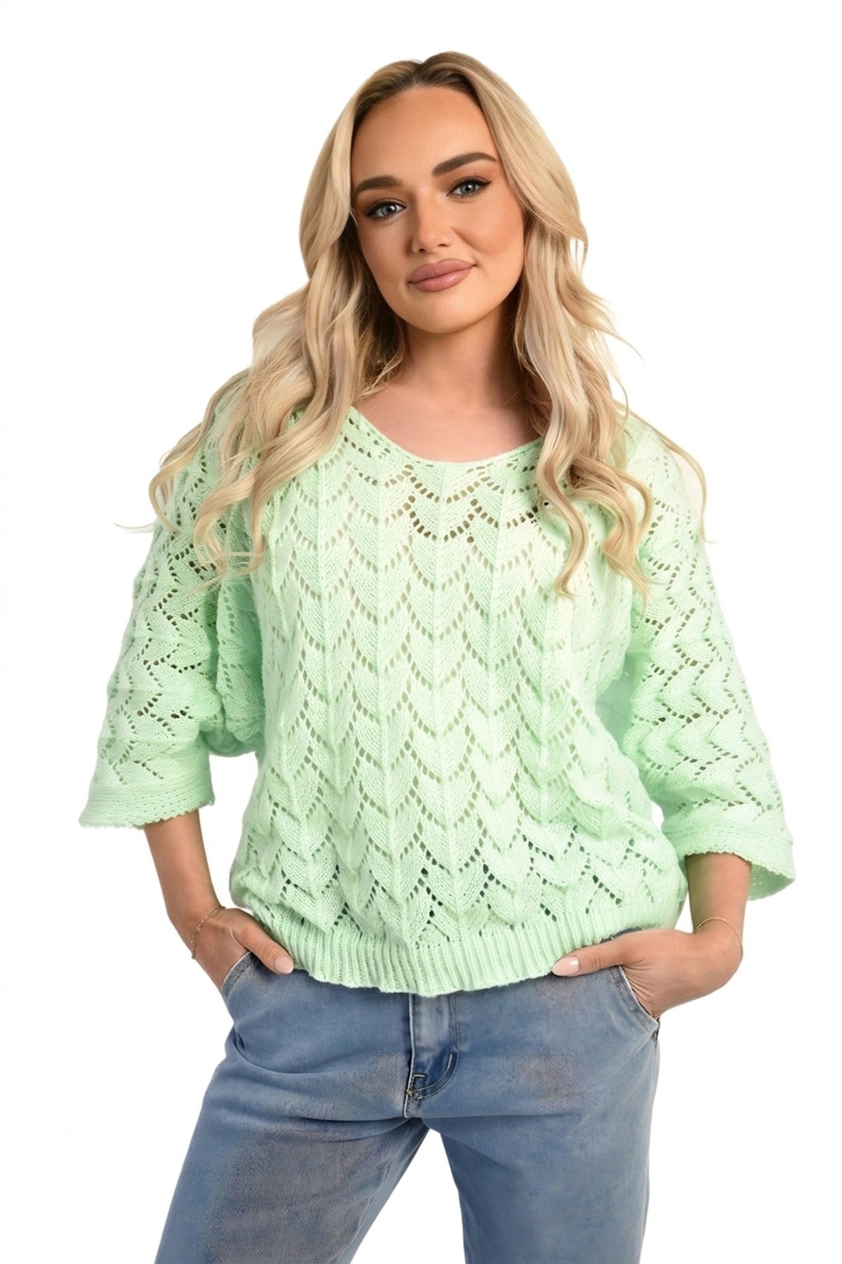 Eliza Half Sleeve Chunky Cable Knit Jumper - Mint_wb