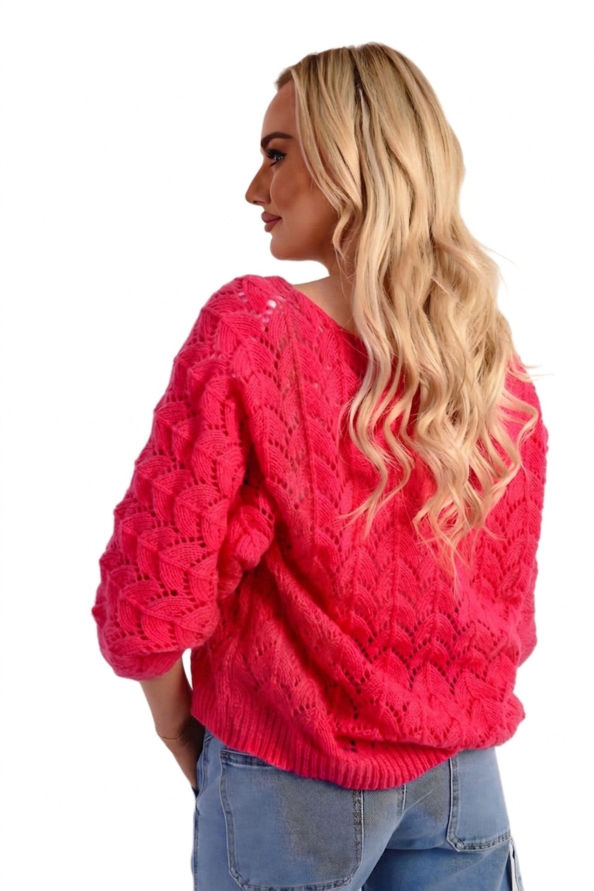 Eliza Half Sleeve Chunky Cable Knit Jumper - Pink_wb