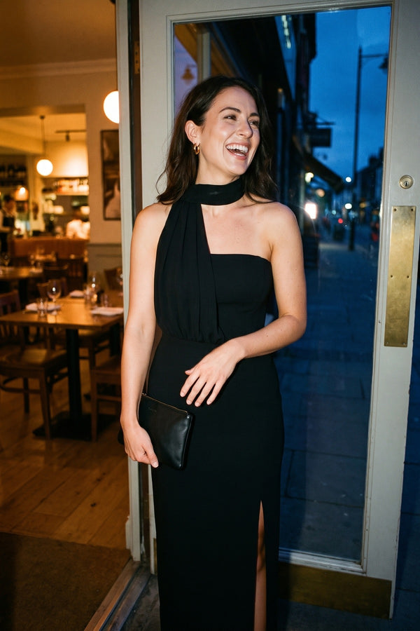 Celeste High Slit Draped Scarf Maxi Dress - Black