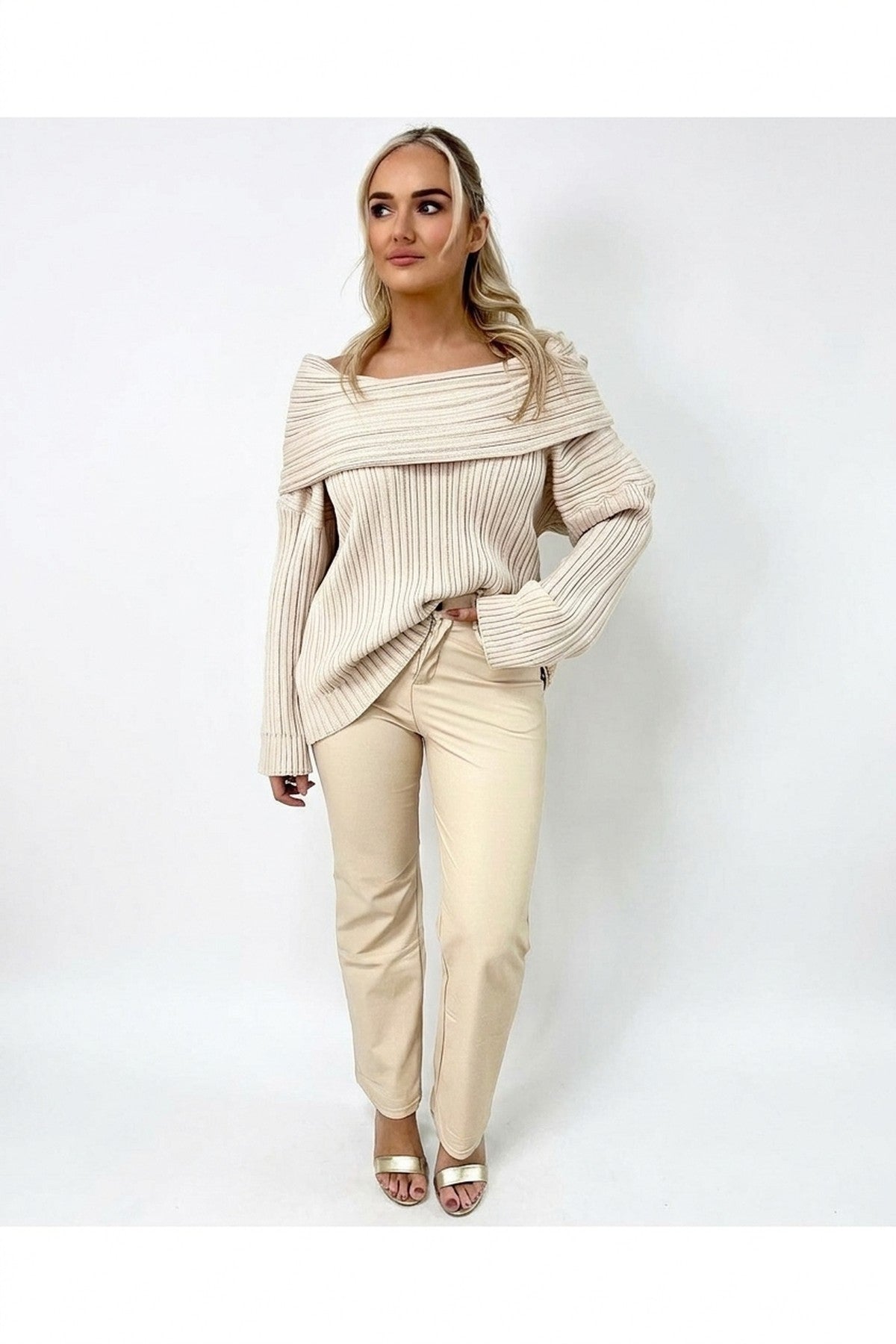 Lucia High Waisted Faux Leather Trouser - Beige_wb