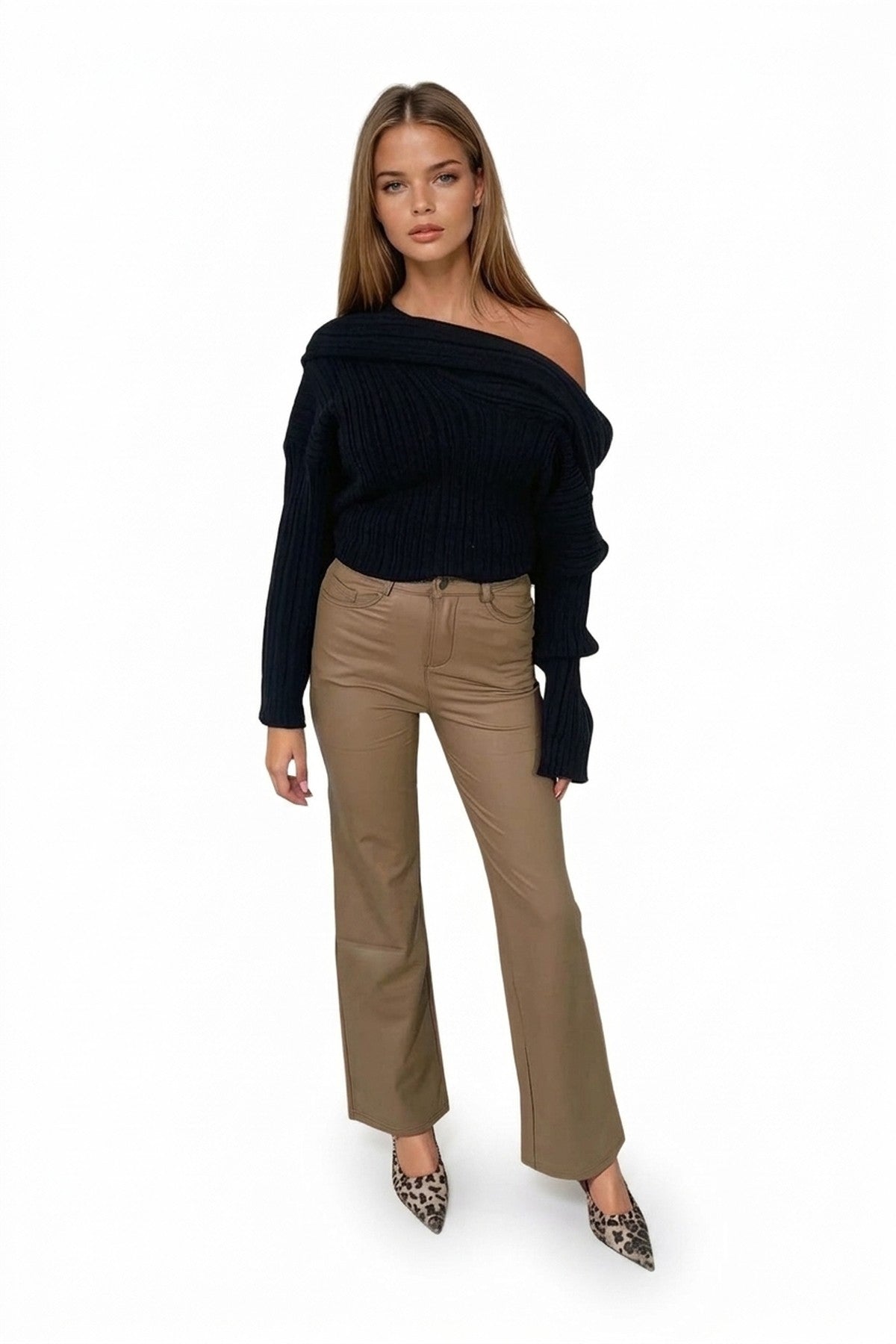 Lucia High Waisted Faux Leather Trouser - Camel_wb