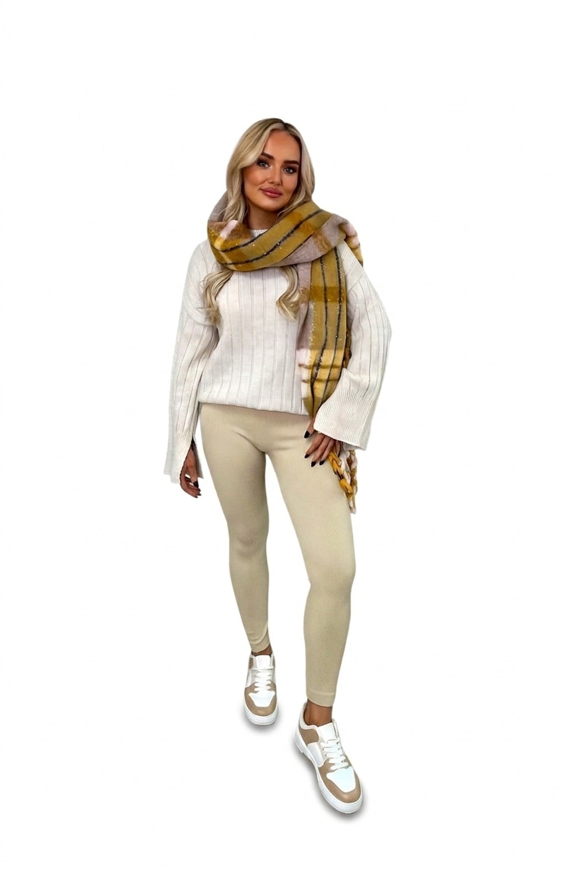 Gabriela High Waisted Rib Curvy Leggings - Biege_wb