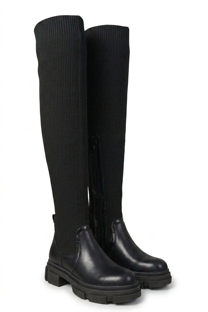Carla Knitted Platform Over The Knee Chunky Boots - Black