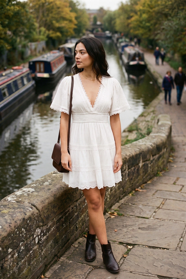 Serina Short Sleeve Deep V-neck Mini Dress With Open Back And Lace Trim - White