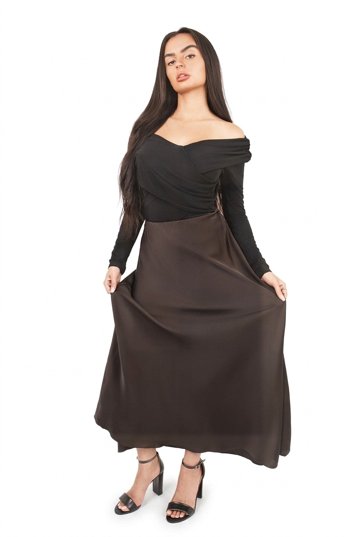 Estella Lightweight High Waisted Maxi Skirt - Choc Brown_wb