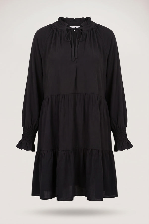 Renata Long Sleeve Front Tie Tiered Mini Dress - Black