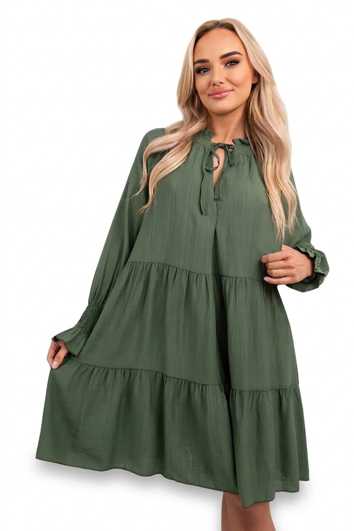 Renata Long Sleeve Front Tie Tiered Mini Dress - Khaki_wb