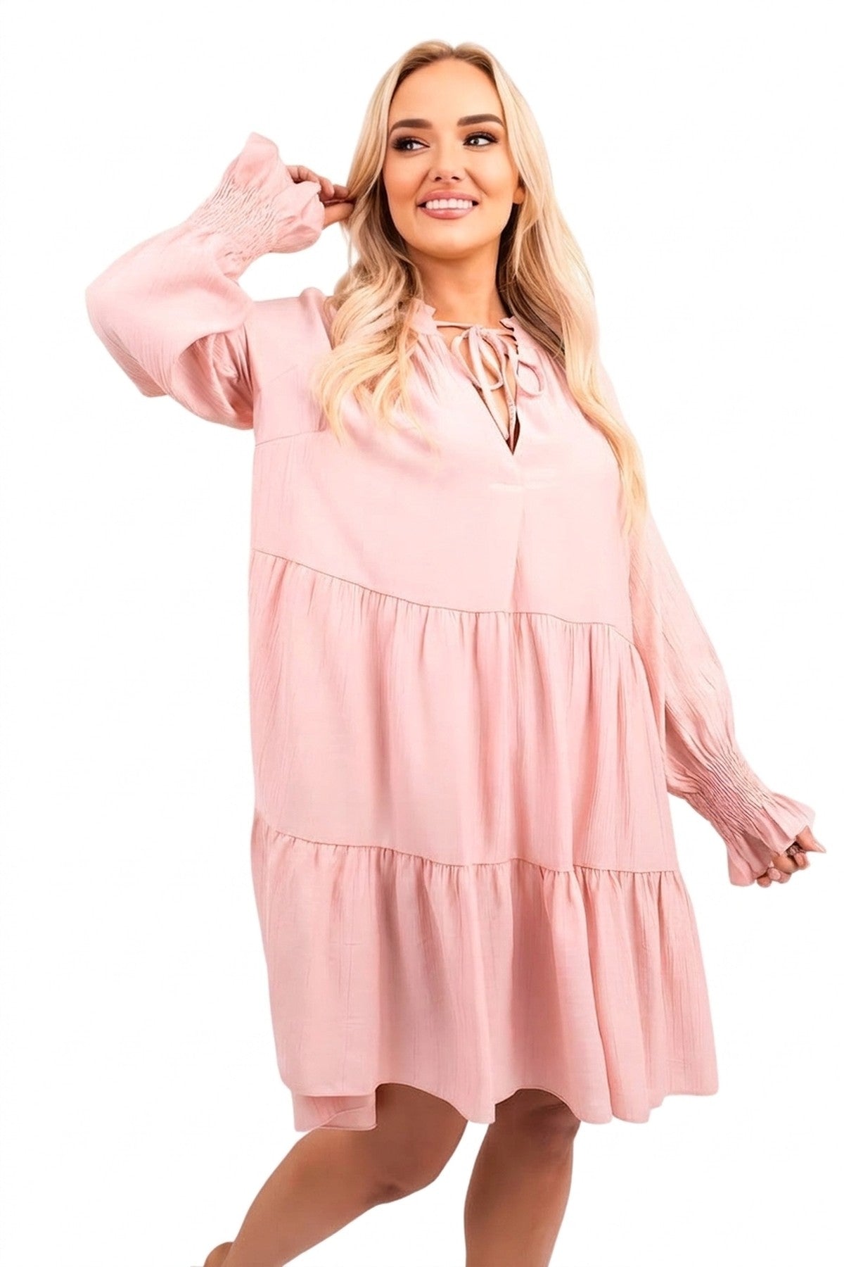 Renata Long Sleeve Front Tie Tiered Mini Dress - Pink_wb