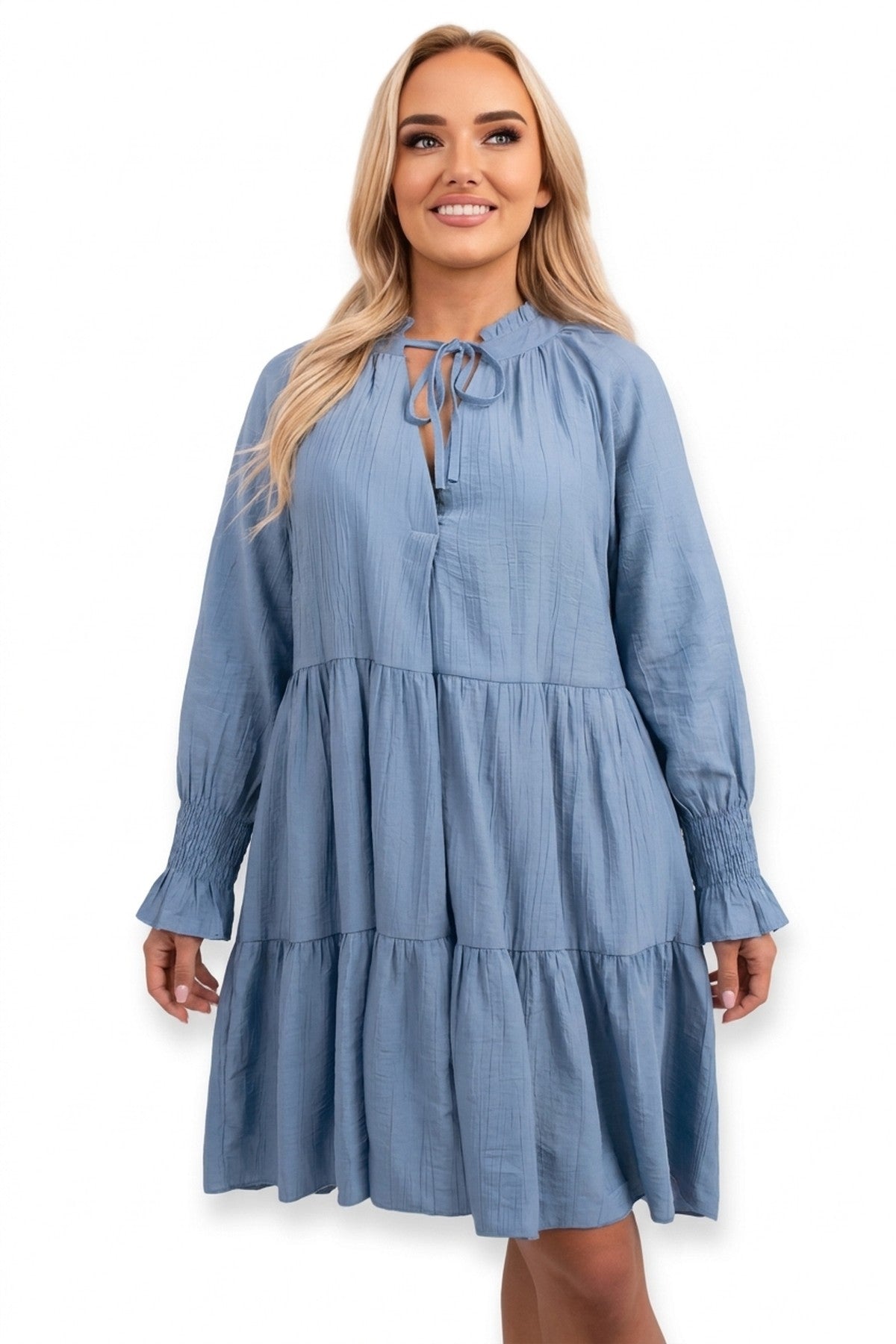 Renata Long Sleeve Front Tie Tiered Mini Dress - Sky Blue_wb