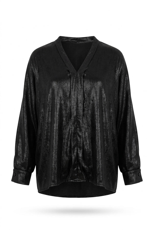 Teresa Metallic V-neck Oversized Top - Black_wb