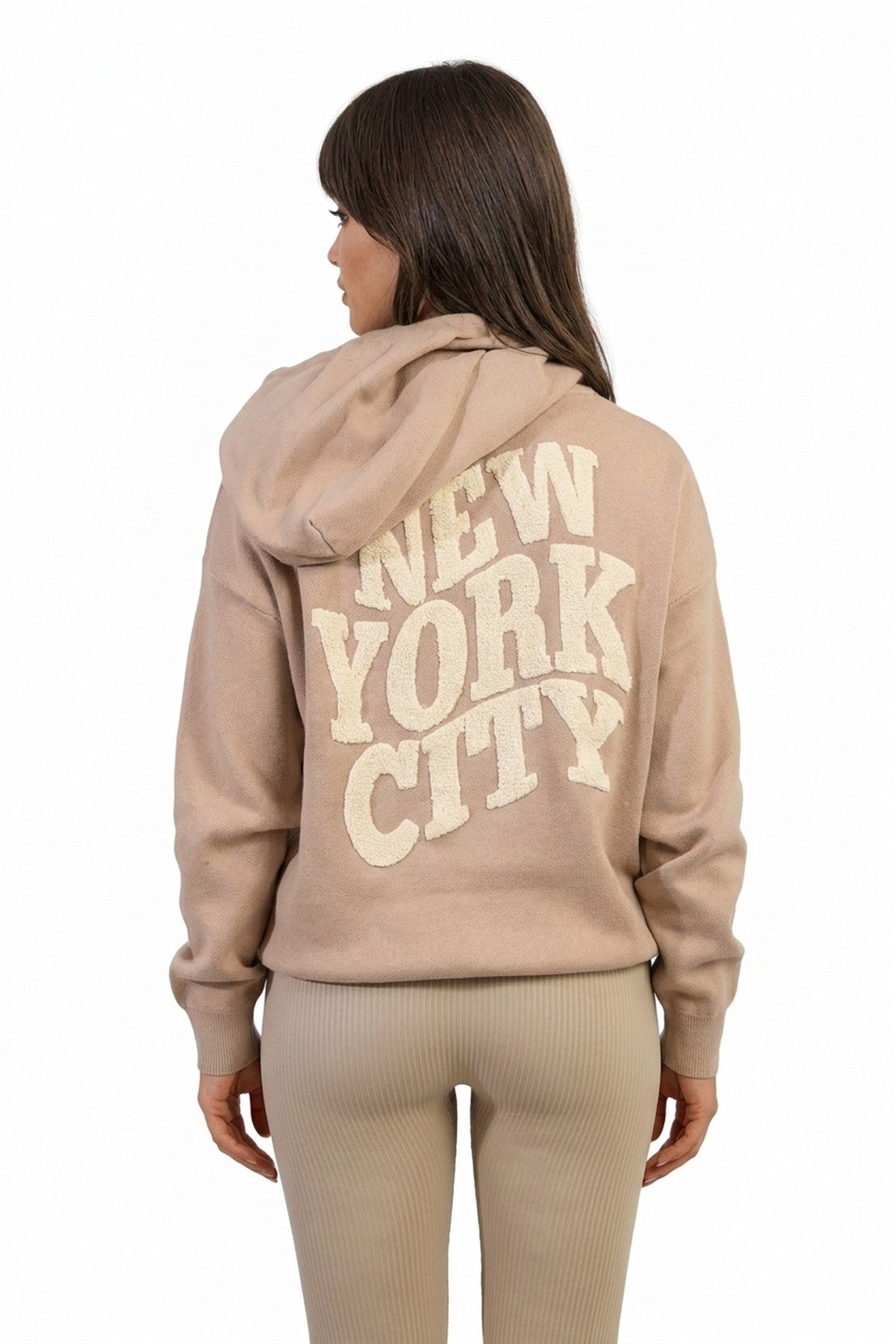 Karen New York City Print Knitted Hoodie - Camel_wb