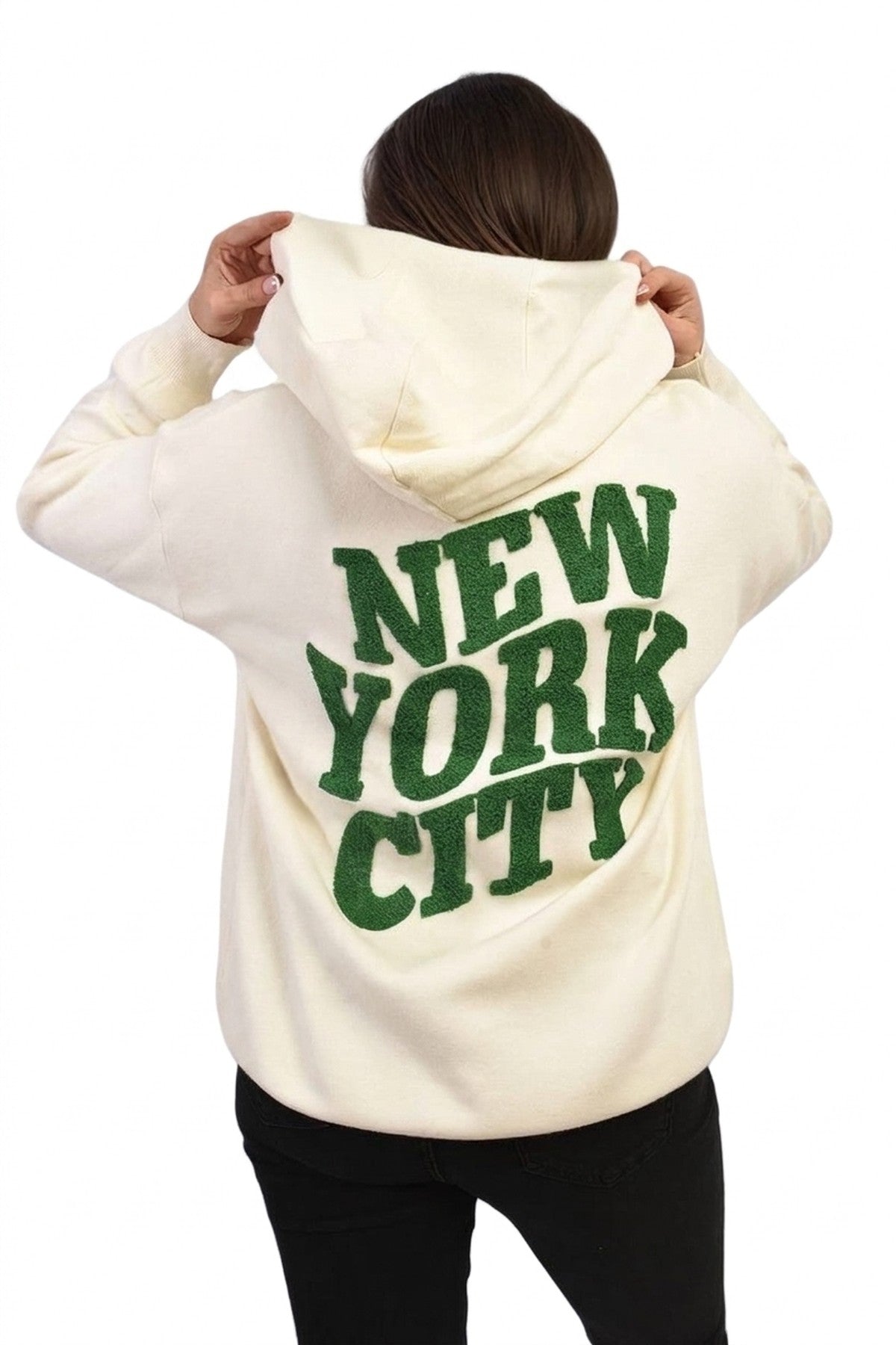 Karen New York City Print Knitted Hoodie - Cream_wb