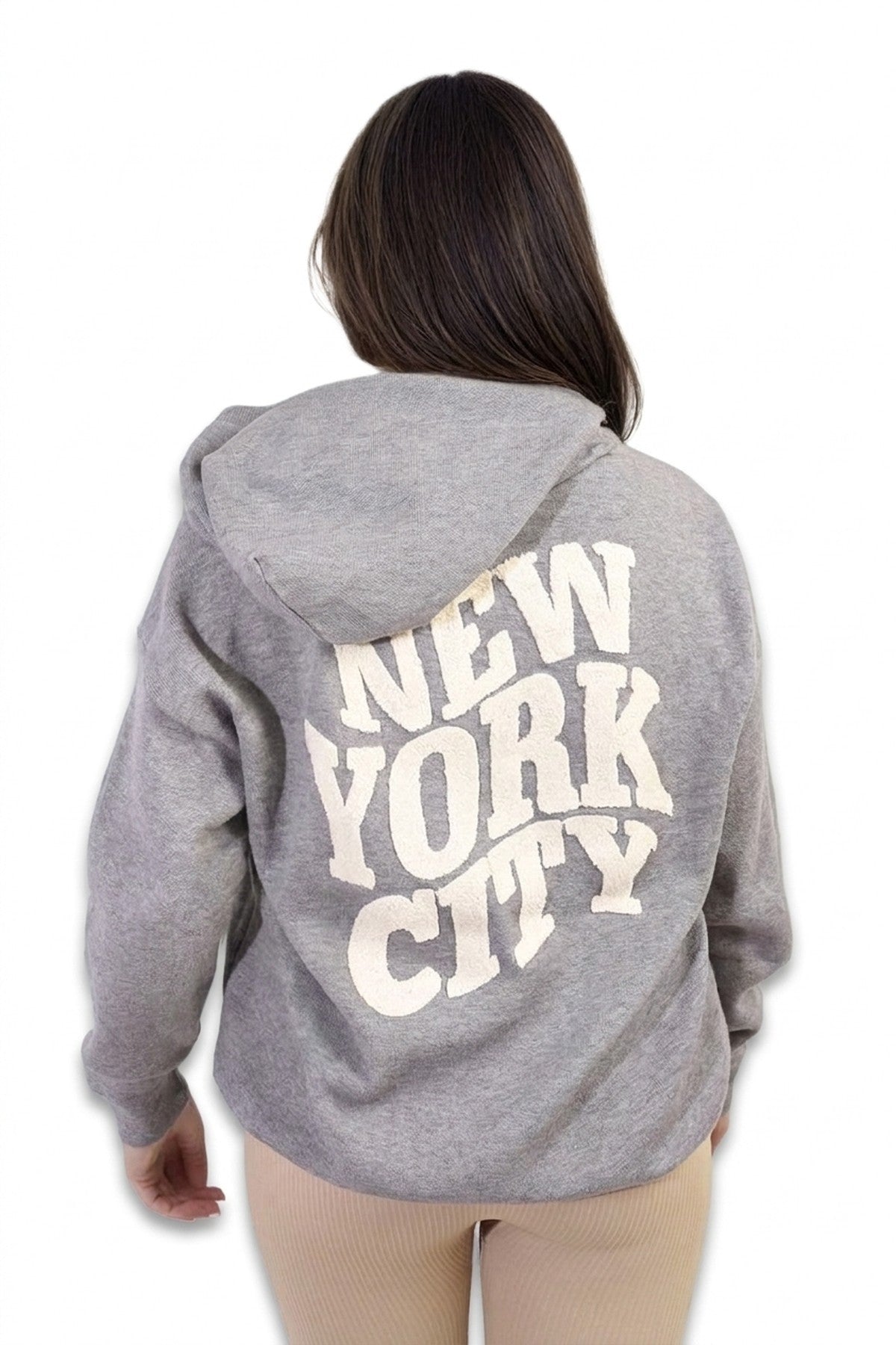 Karen New York City Print Knitted Hoodie - Grey_wb