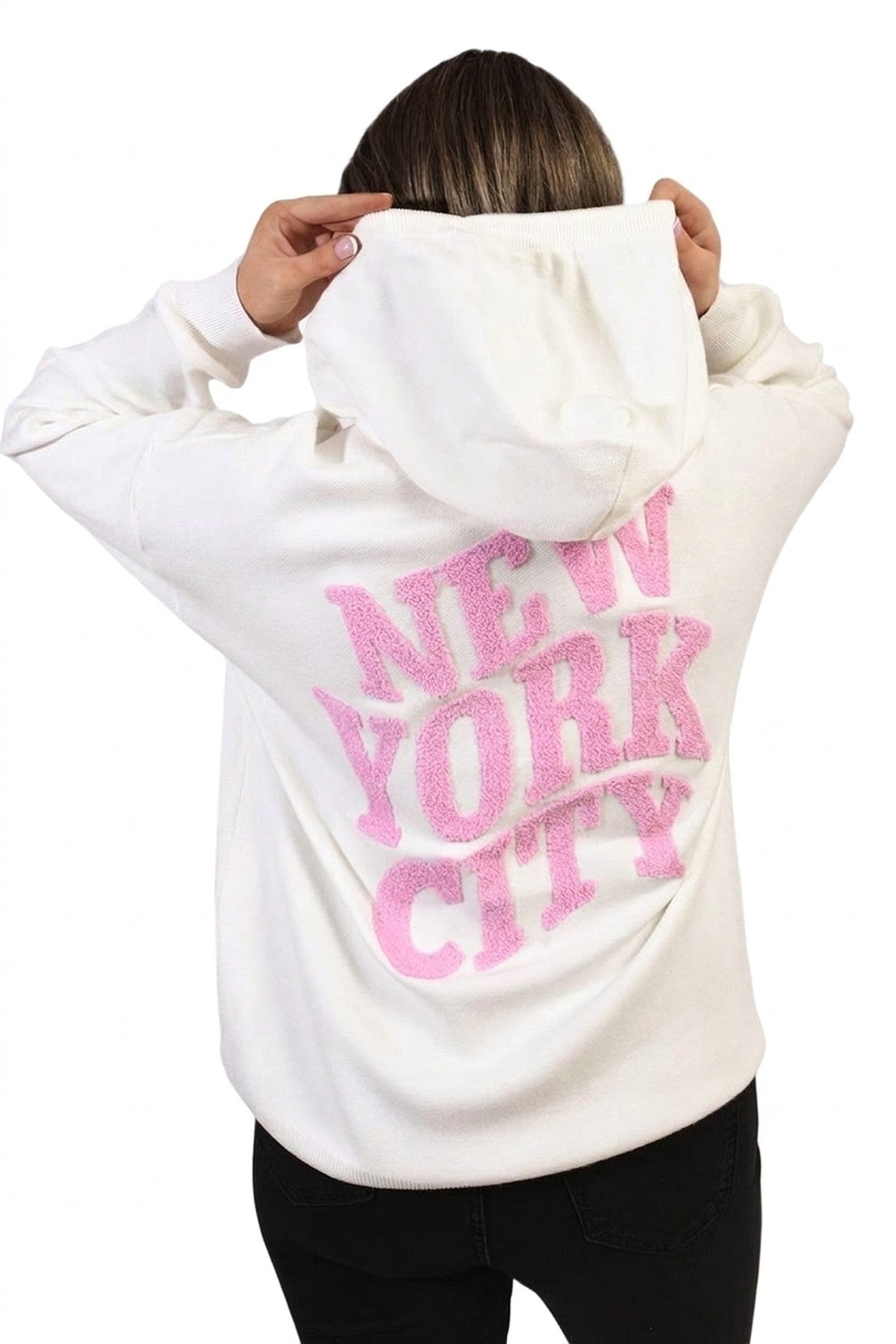 Karen New York City Print Knitted Hoodie - White_wb