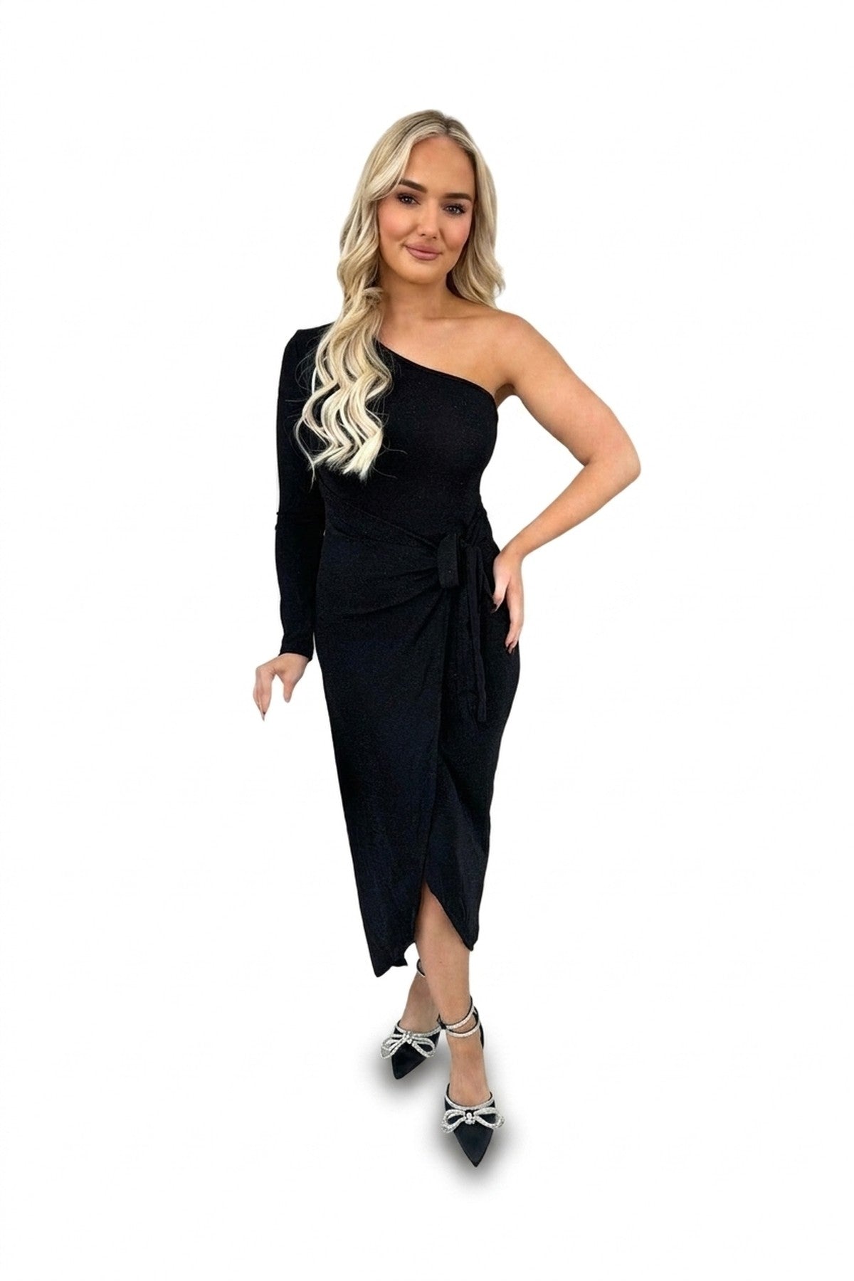 Jodie One Shoulder Wrap Front Glitter Midi Dress - Black_wb