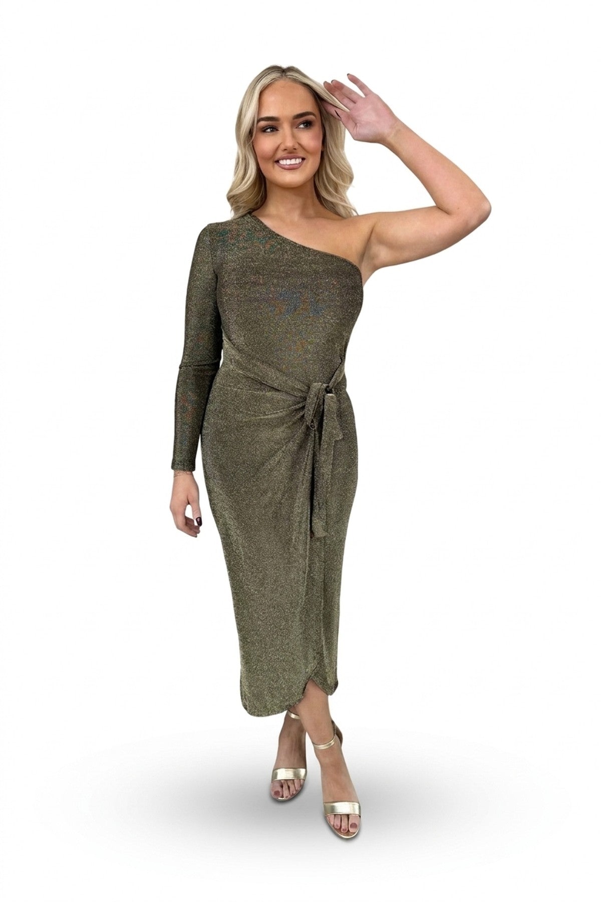 Jodie One Shoulder Wrap Front Glitter Midi Dress - Gold_wb