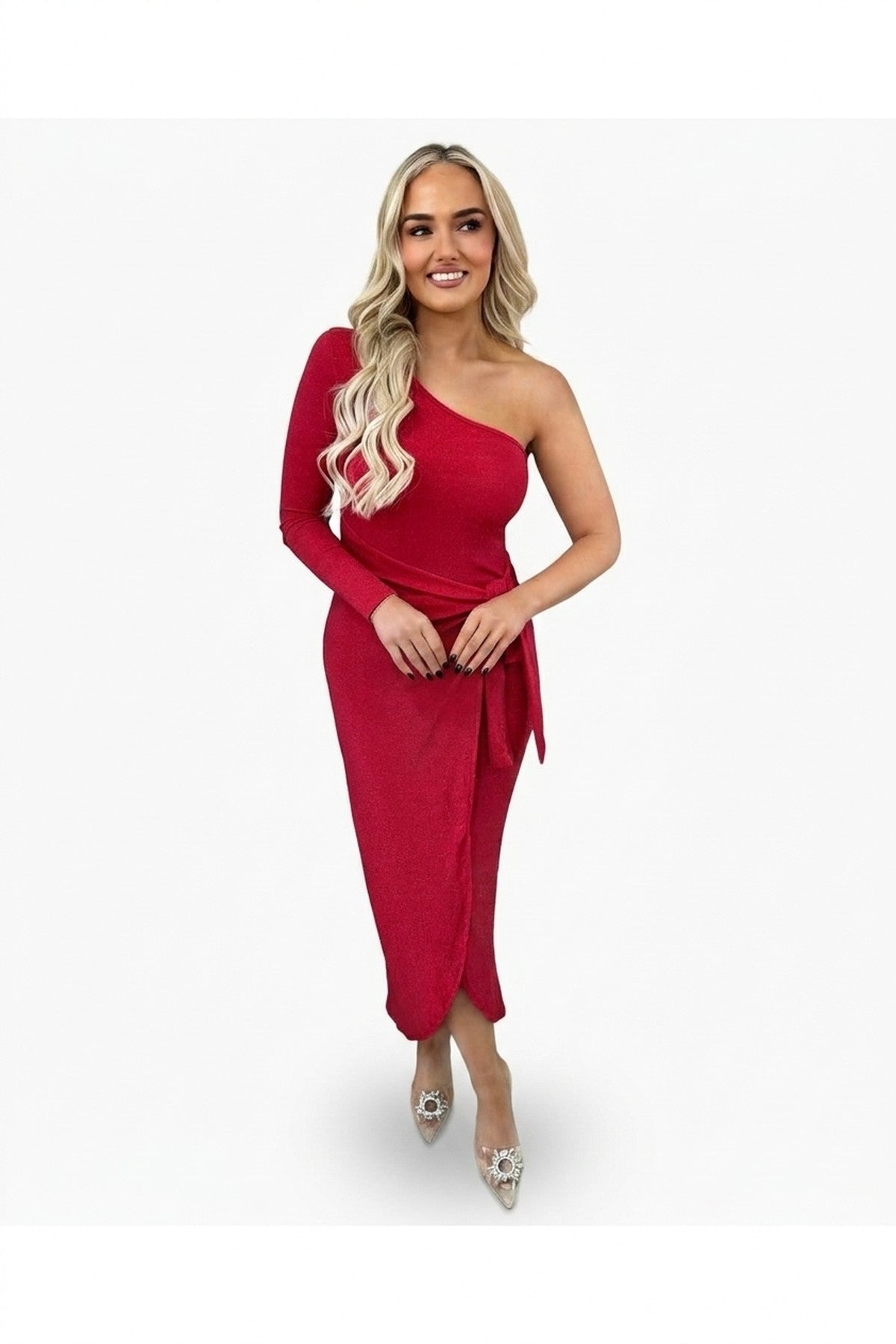 Jodie One Shoulder Wrap Front Glitter Midi Dress - Red_wb
