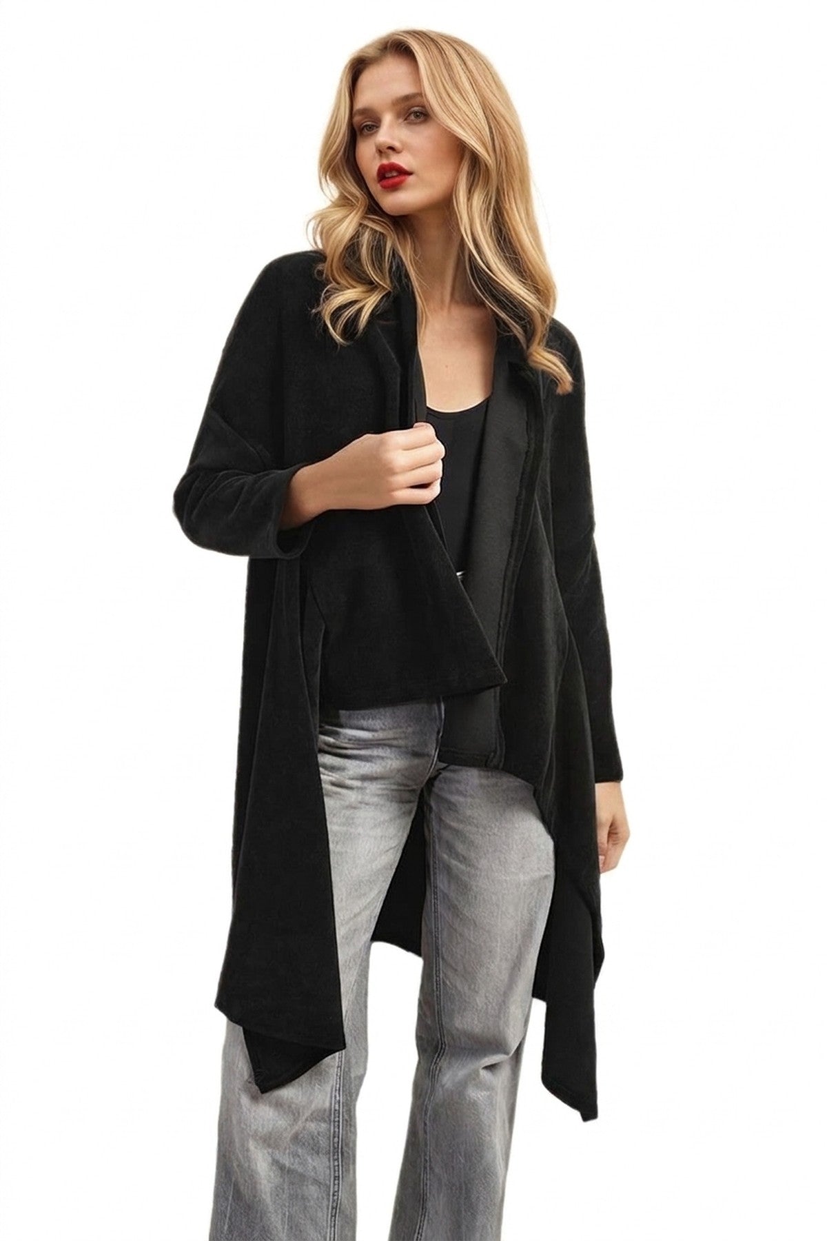 Lydia Open Front Long Back Knitted Cardigan - Black_wb