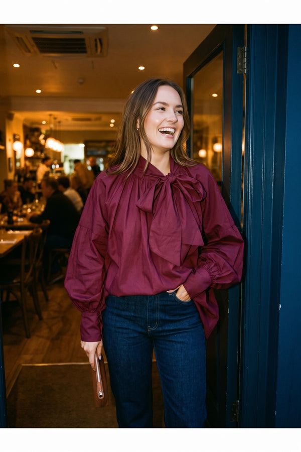 Margaret Oversized Tie-neck Top - Wine