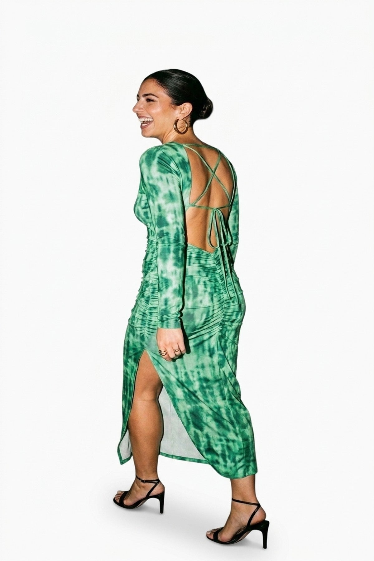 Priscilla Printed Long Sleeve Cross-tied Back Midi Dress - Green_wb