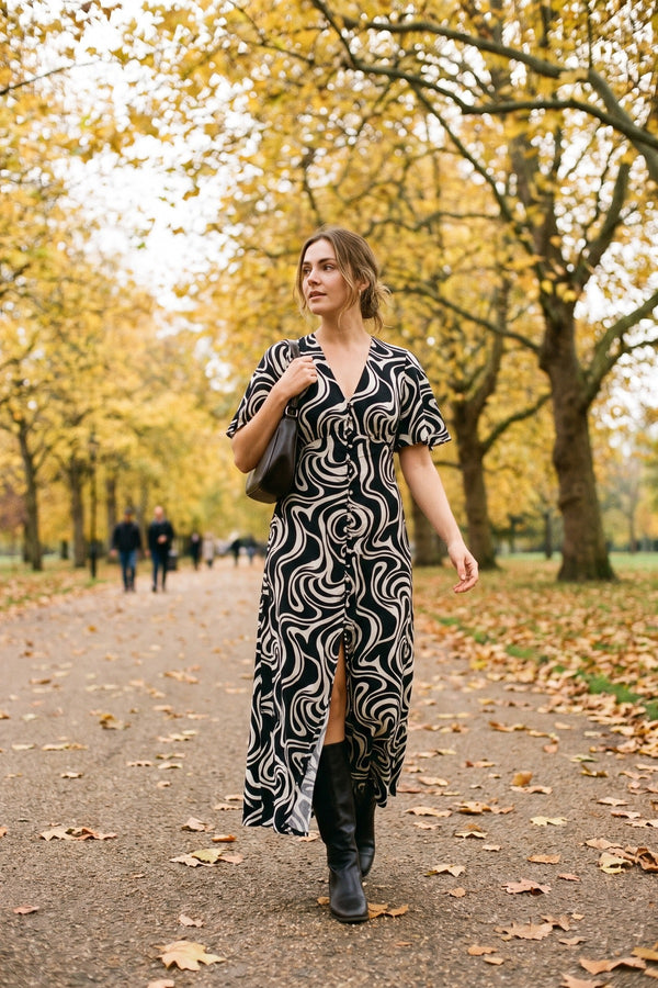 Celia Printed Short Sleeve Button Down V-neck Maxi Dress - Black