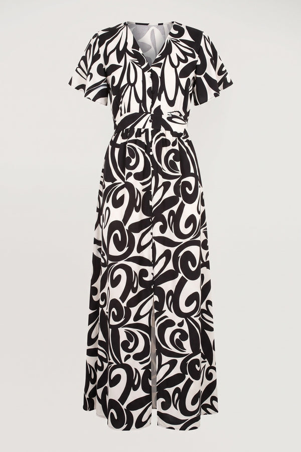 Celia Printed Short Sleeve Button Down V-neck Maxi Dress - Black