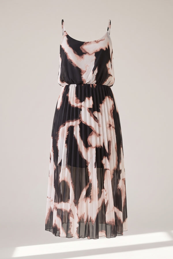 Lucy Printed Strappy Pleated Midi Dress - Black