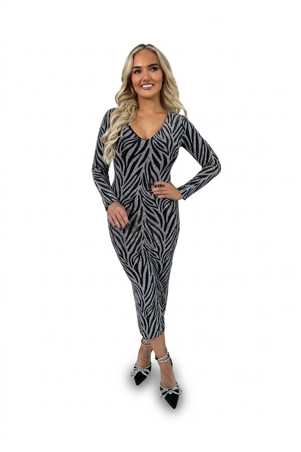 Evelyn Printed V-neck Long Sleeve Glitter Midi Dress - Silver_wb