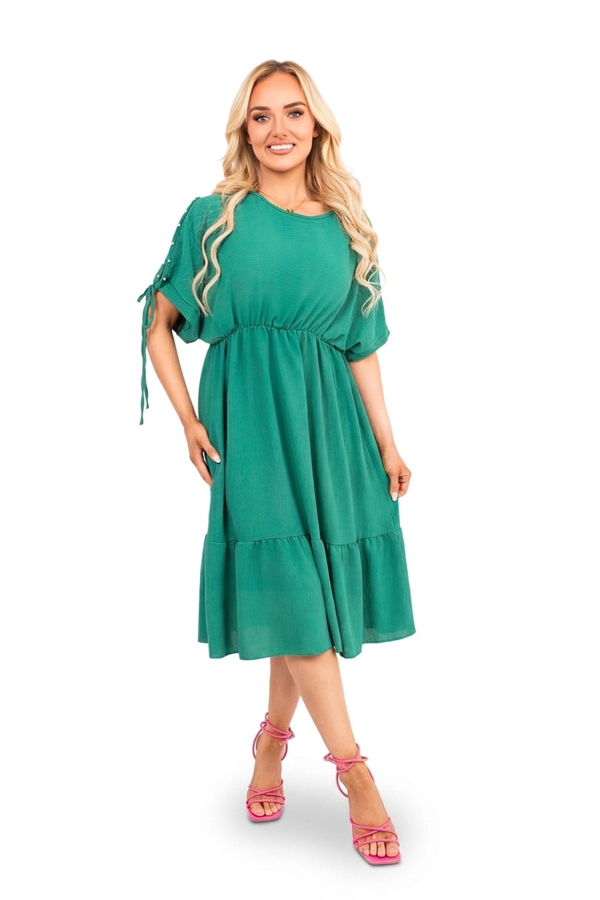 Fianna Round Neck Short Sleeve Midi Dress With Tie Sleeve Detail - Green