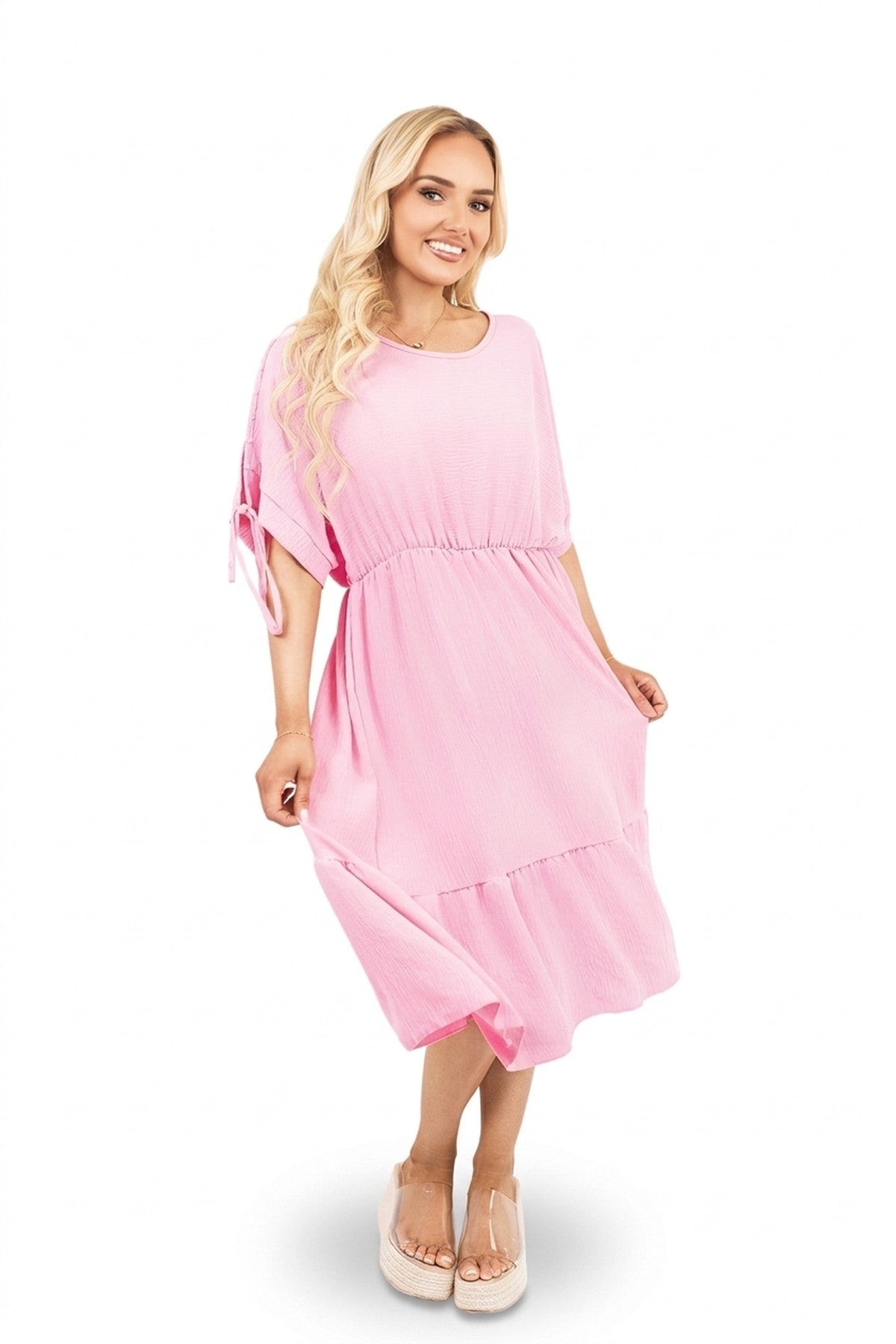 Fianna Round Neck Short Sleeve Midi Dress With Tie Sleeve Detail - Pink