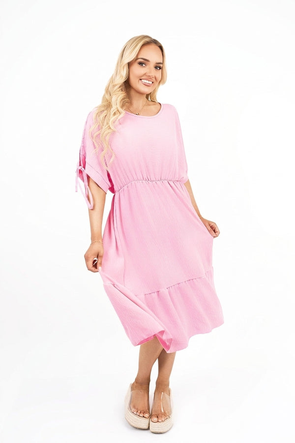 Fianna Round Neck Short Sleeve Midi Dress With Tie Sleeve Detail - Pink_wb