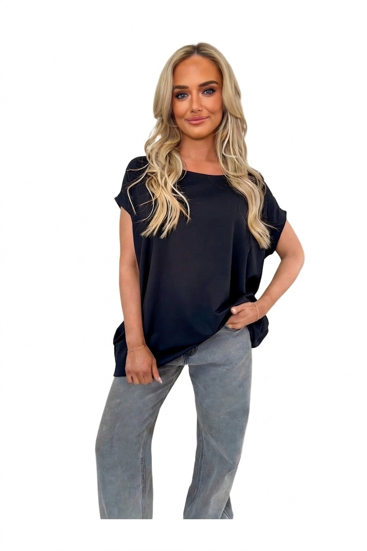 Naomi Round Neck With Side Pockets Oversized Top - Black_wb