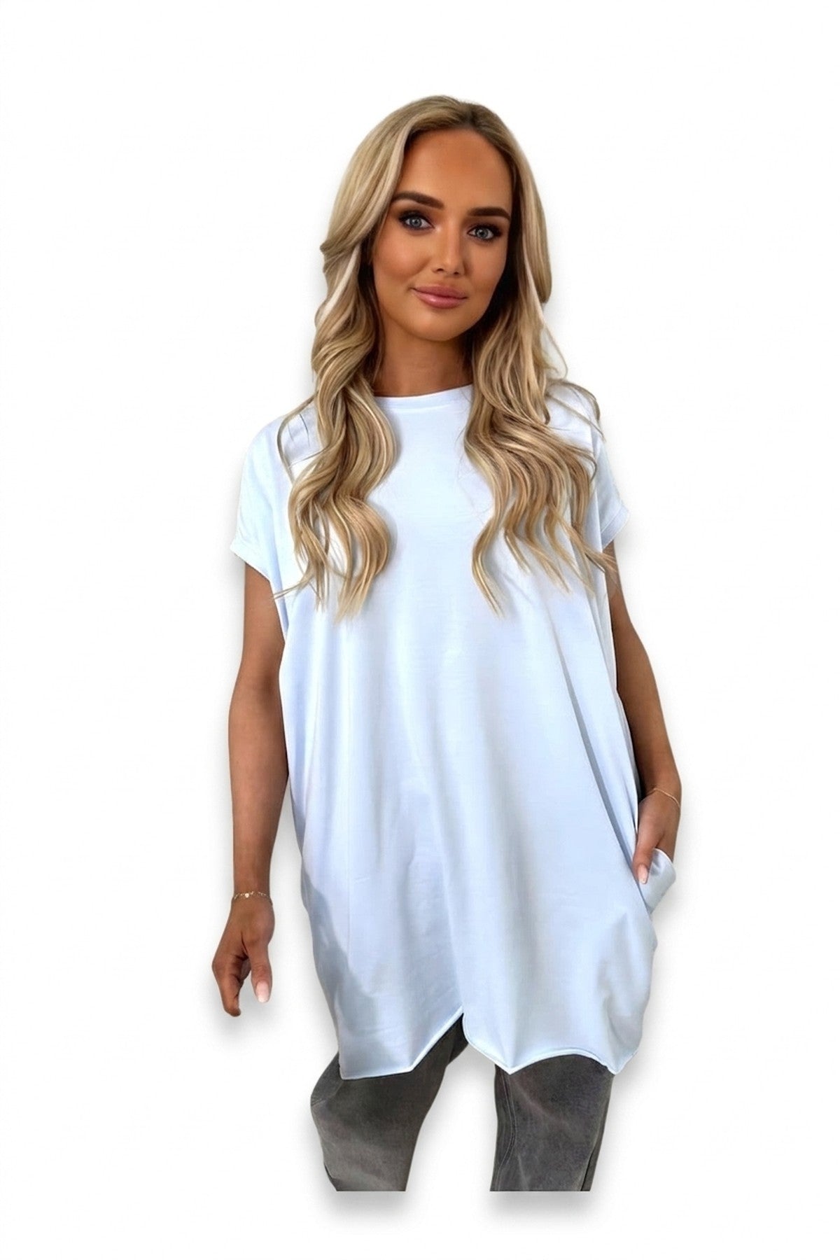 Naomi Round Neck With Side Pockets Oversized Top - Blue_wb