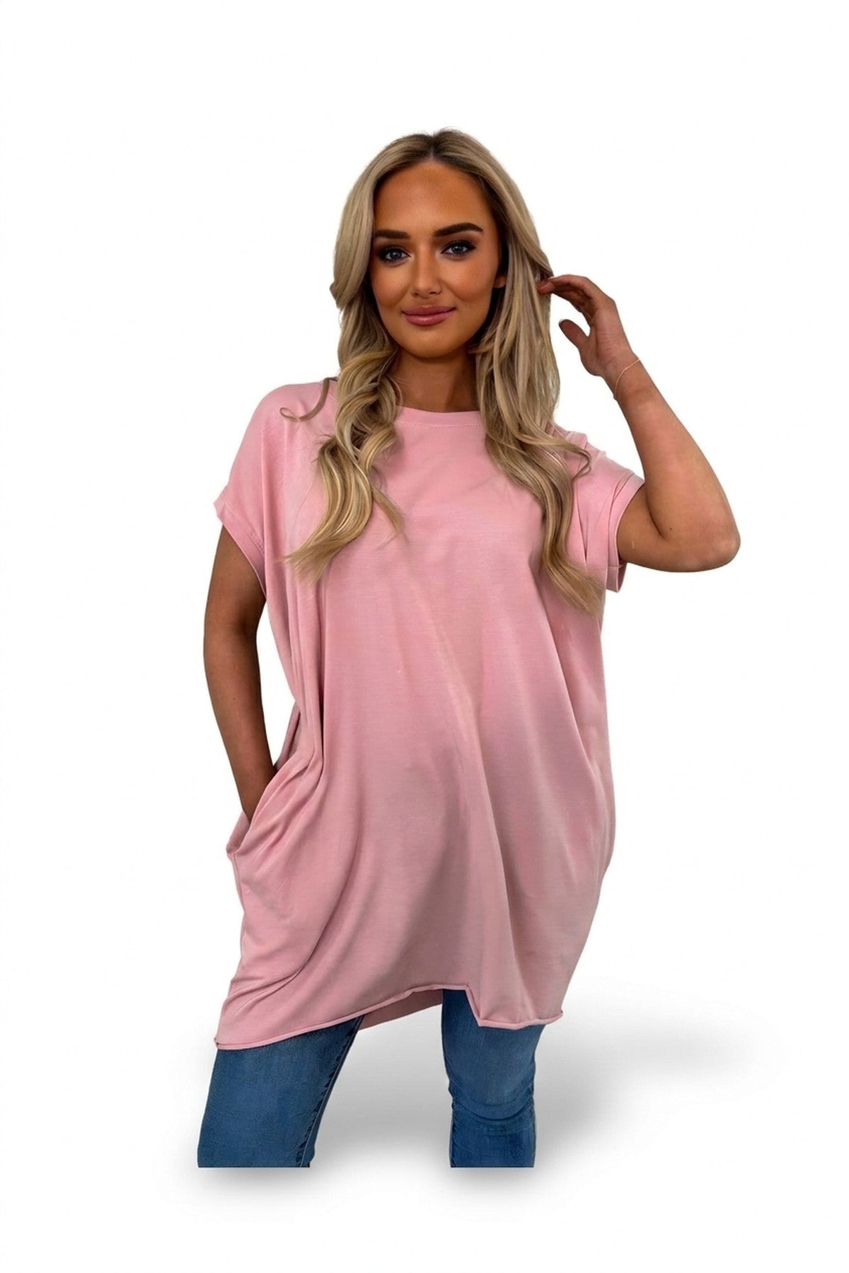 Naomi Round Neck With Side Pockets Oversized Top - Pink_wb