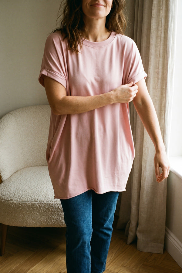 Naomi Round Neck With Side Pockets Oversized Top - Pink