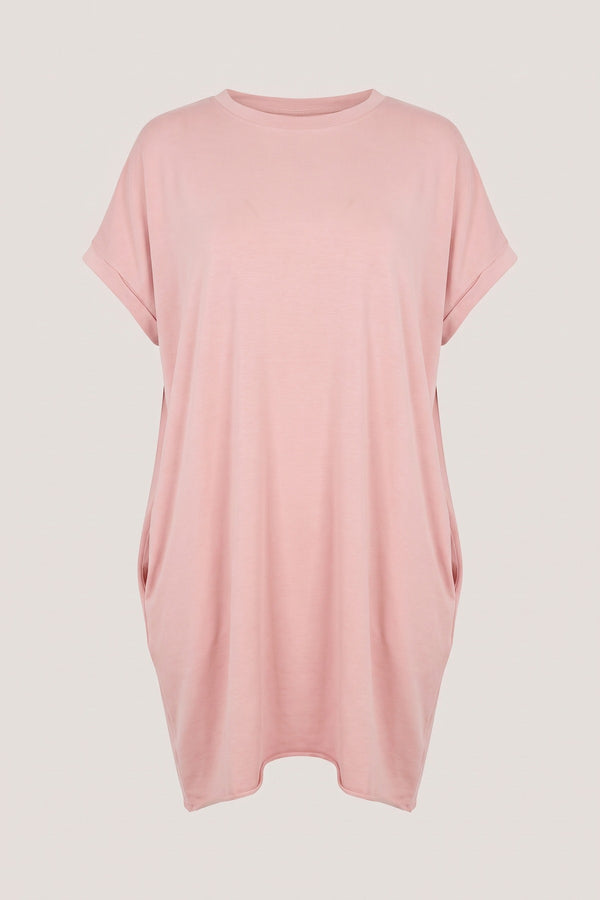 Naomi Round Neck With Side Pockets Oversized Top - Pink