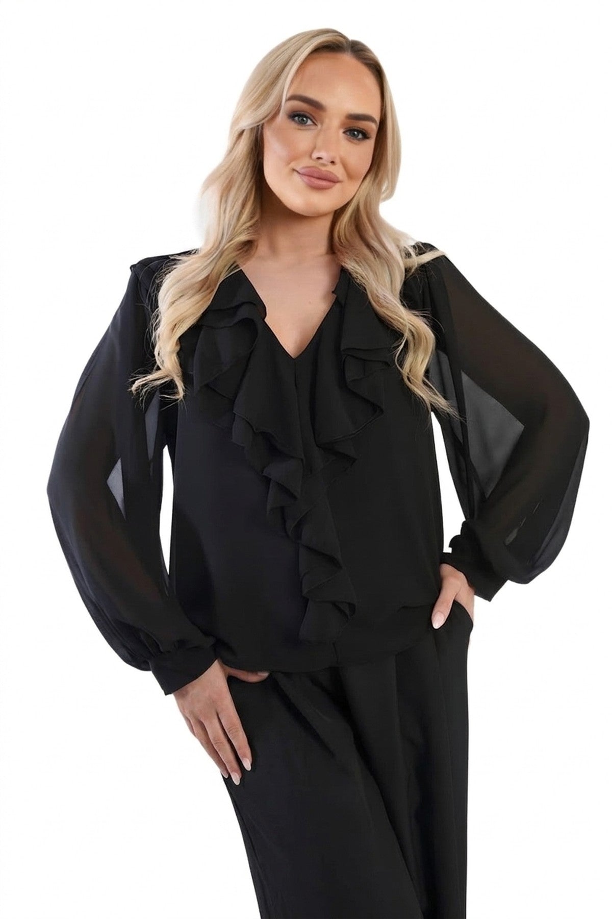 Leyla Ruffle Trim Front Long Sleeve Top - Black_wb