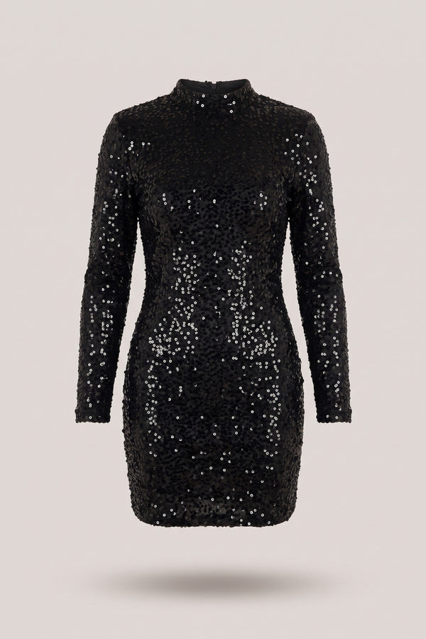 Lorena Sequin Long Sleeve Bodycon Mini Dress - Black