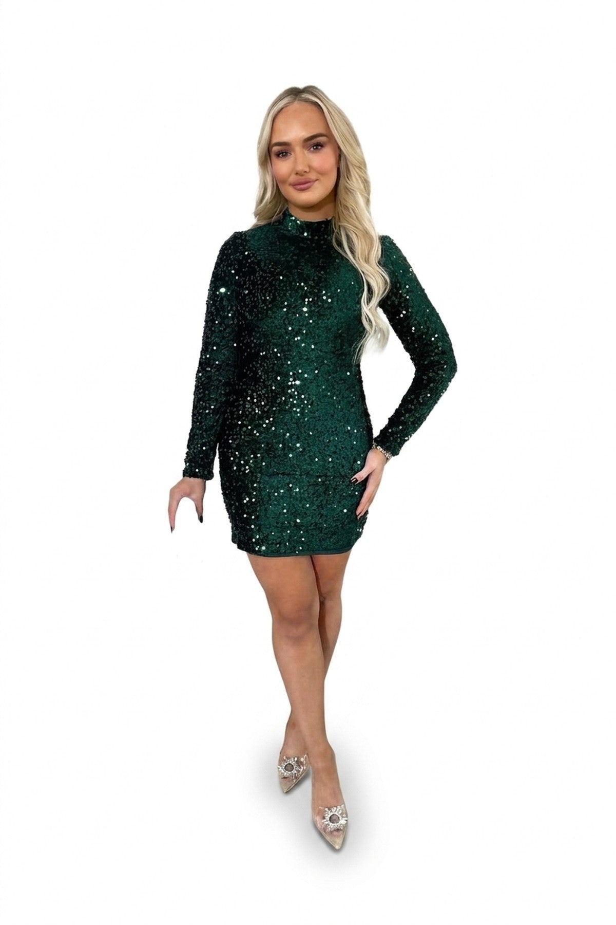 Lorena Sequin Long Sleeve Bodycon Mini Dress - Green_wb