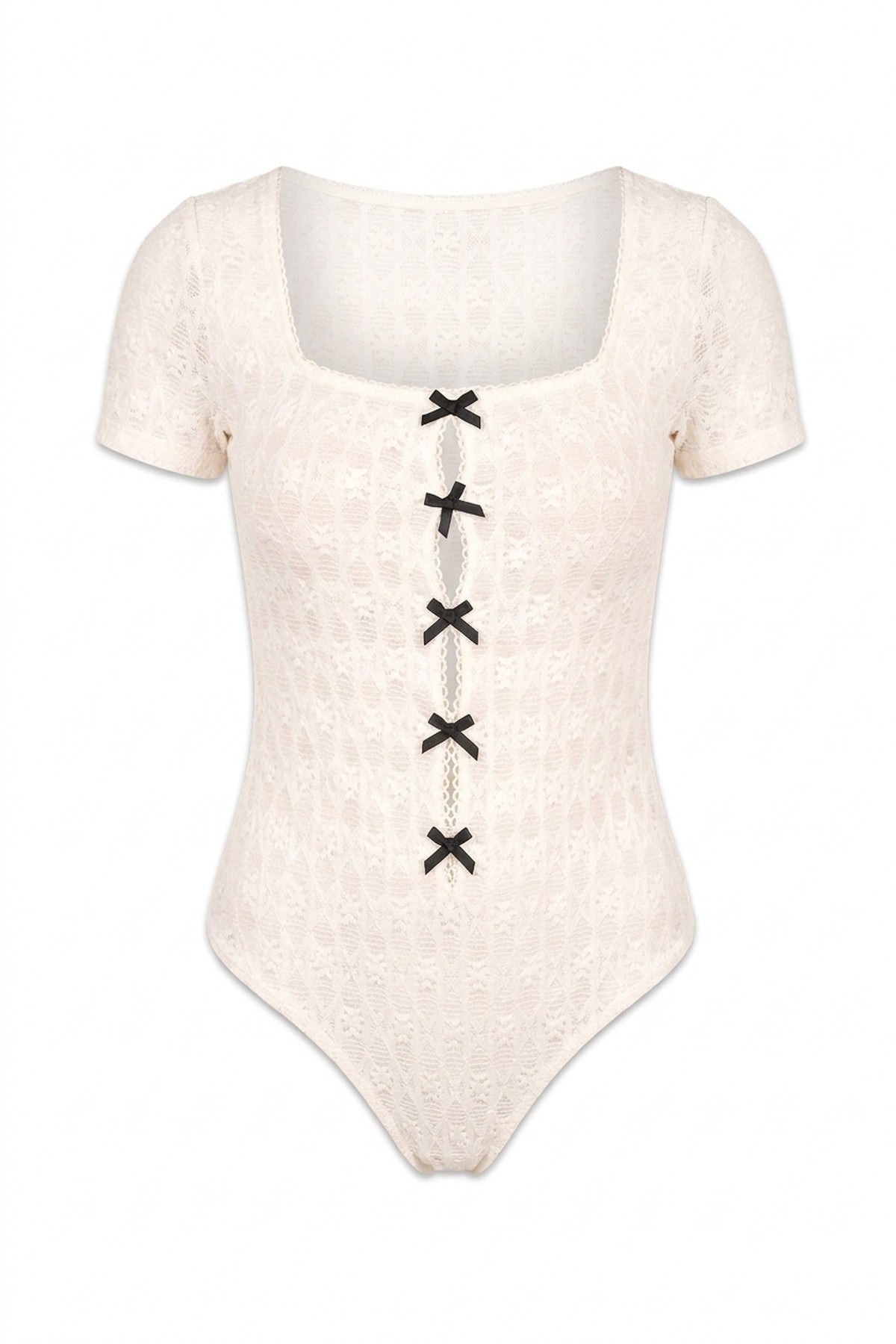 Mireya Short Sleeve Square Neck Bodysuit With Front Bow Detail - Cream_wb