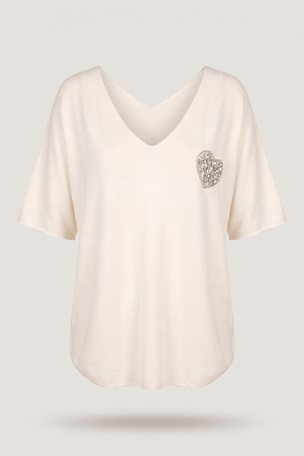 Della Short Sleeve V-neck Oversized Rhinestone Heart Detail Top - White