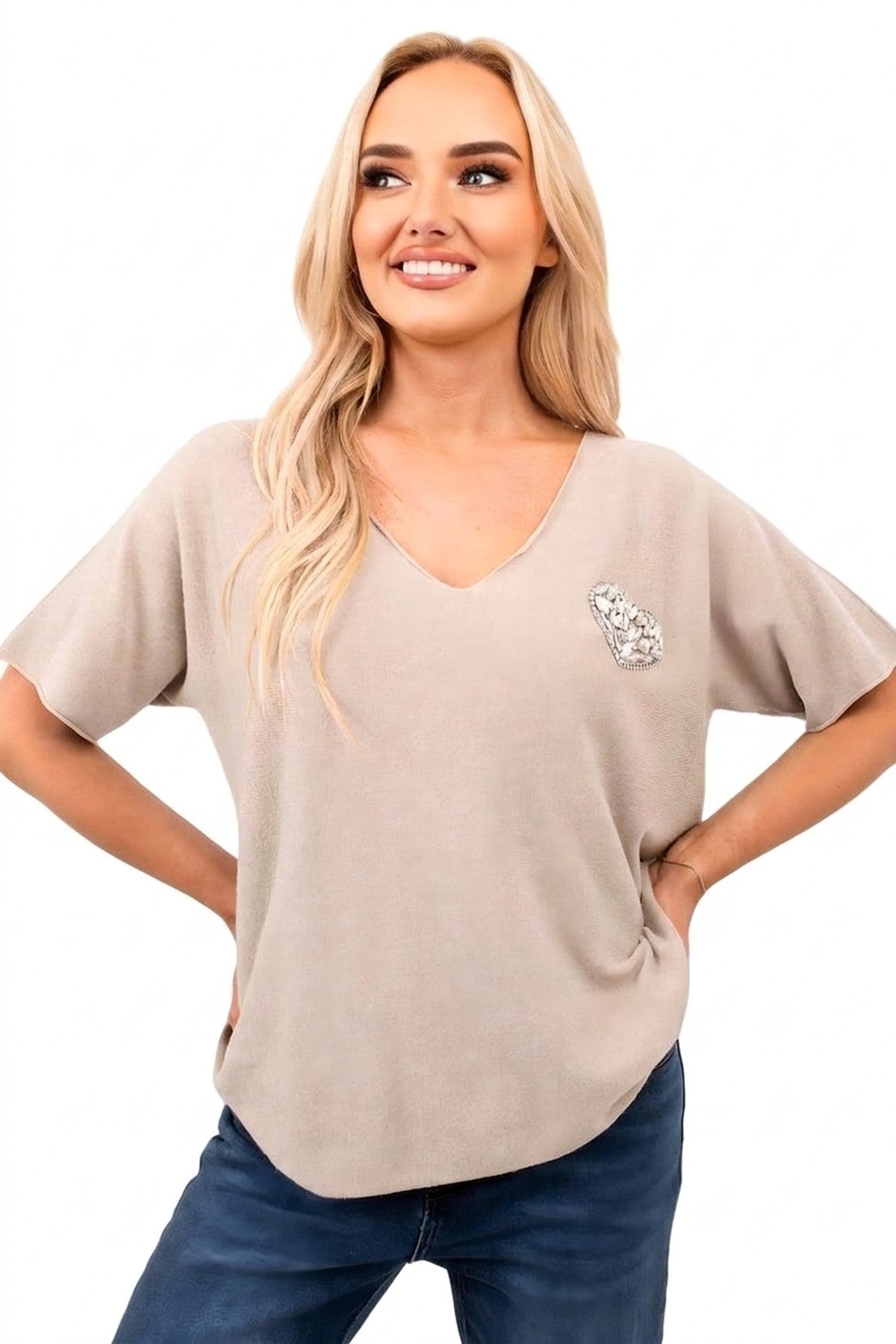 Della Short Sleeve V-neck Oversized Rhinestone Heart Detail Top - Mocha