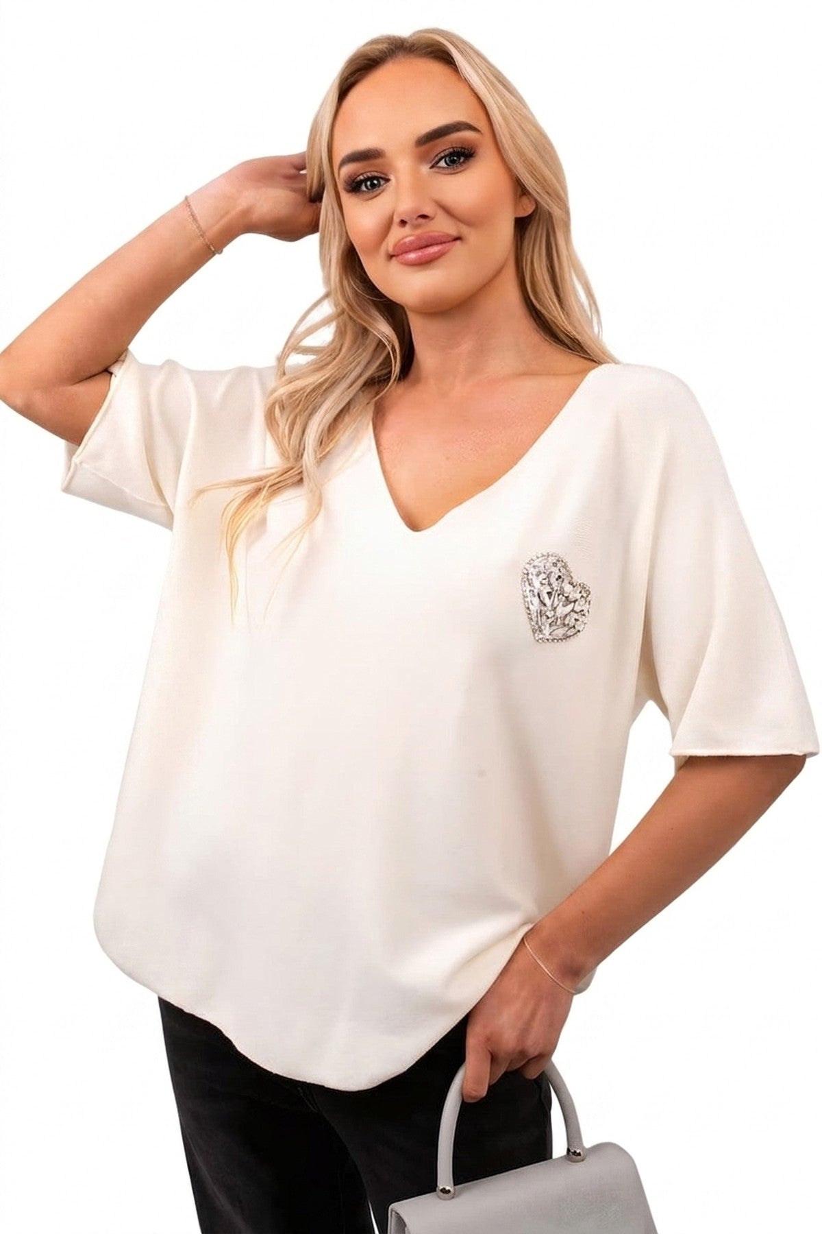 Della Short Sleeve V-neck Oversized Rhinestone Heart Detail Top - White