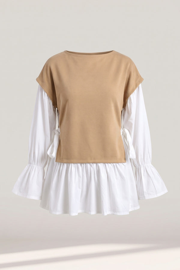 Alicia Side Tie Contrast Long Sleeve Knit Frill Top - Mocha