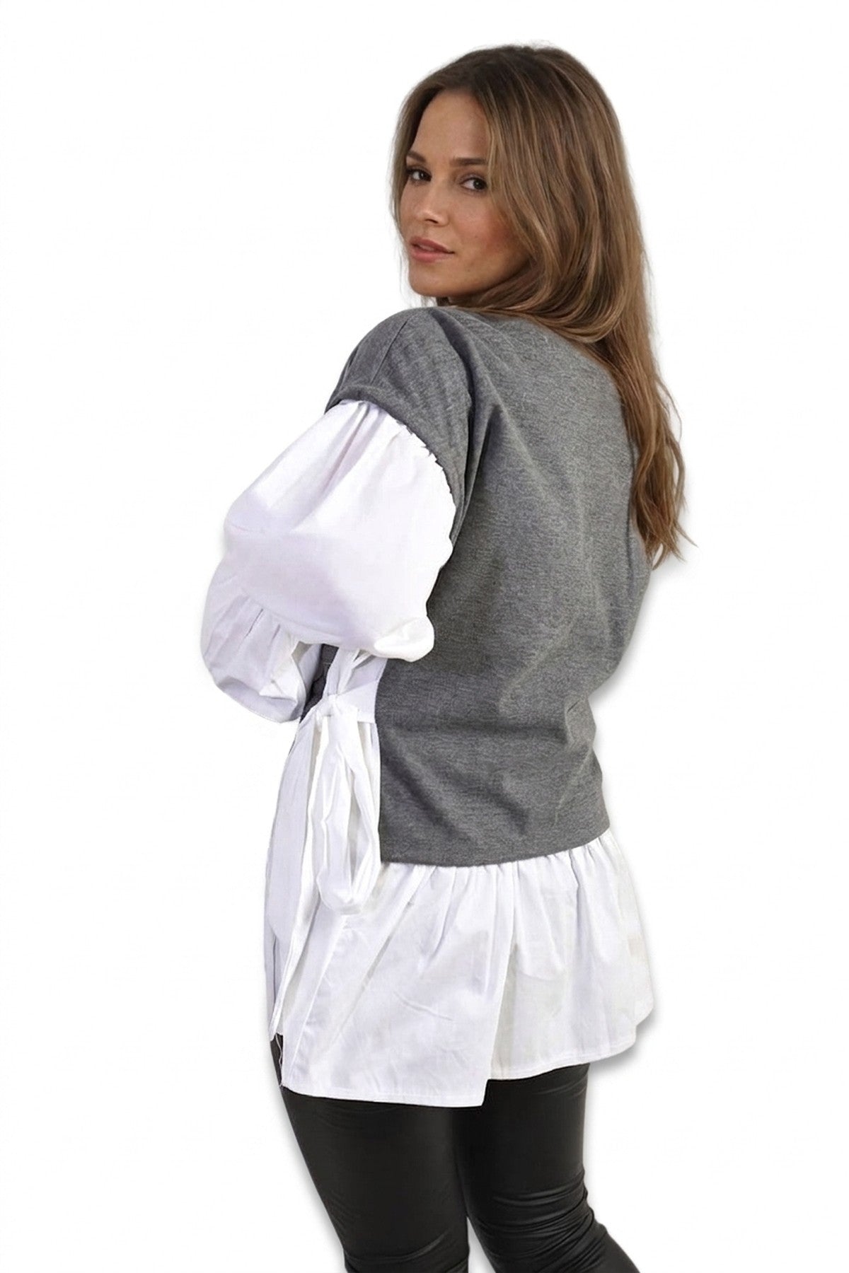 Alicia Side Tie Contrast Long Sleeve Knit Frill Top - Grey_wb