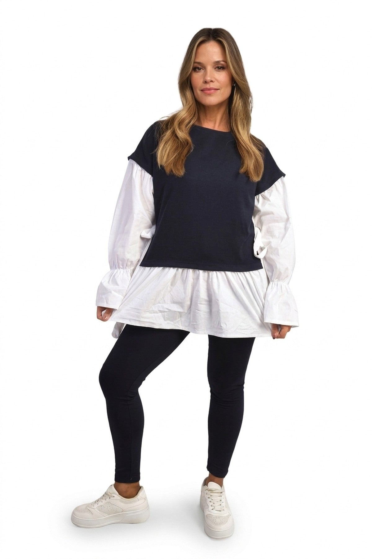 Alicia Side Tie Contrast Long Sleeve Knit Frill Top - Navy_wb