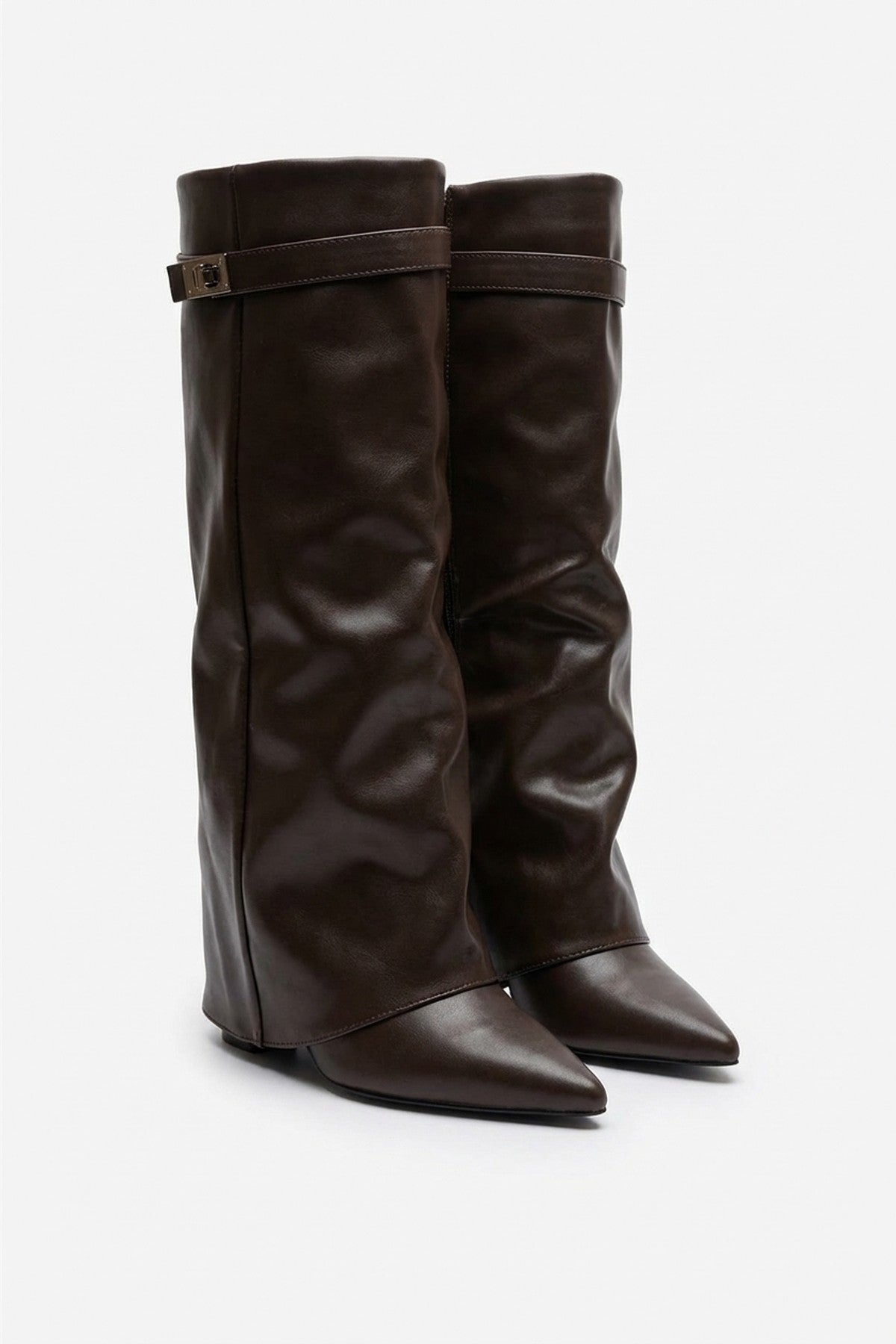 Myla Skirted Fold Over Buckle Pointed Toe High Boots - Brown